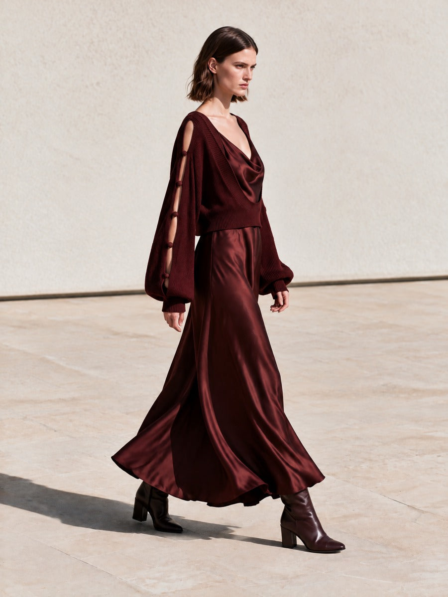 Women's Cropped Scoop Neck Knit Sweater And Cowl Neck Satin Slip Maxi Dress