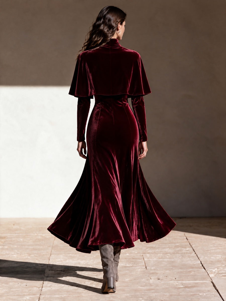 Women's Burgundy Velvet Long Sleeve Mermaid Dress With Stand Collar Capelet