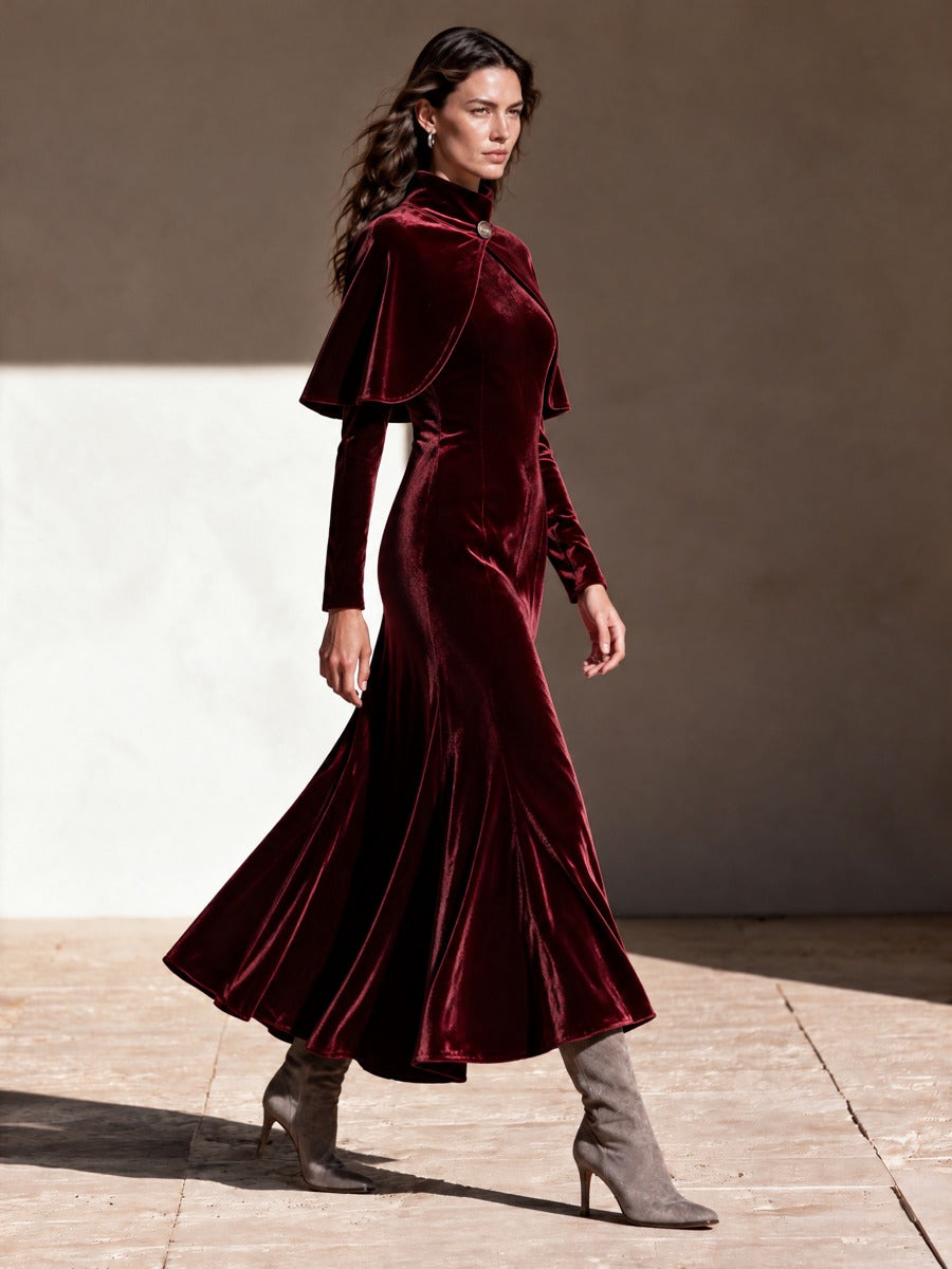 Women's Burgundy Velvet Long Sleeve Mermaid Dress With Stand Collar Capelet