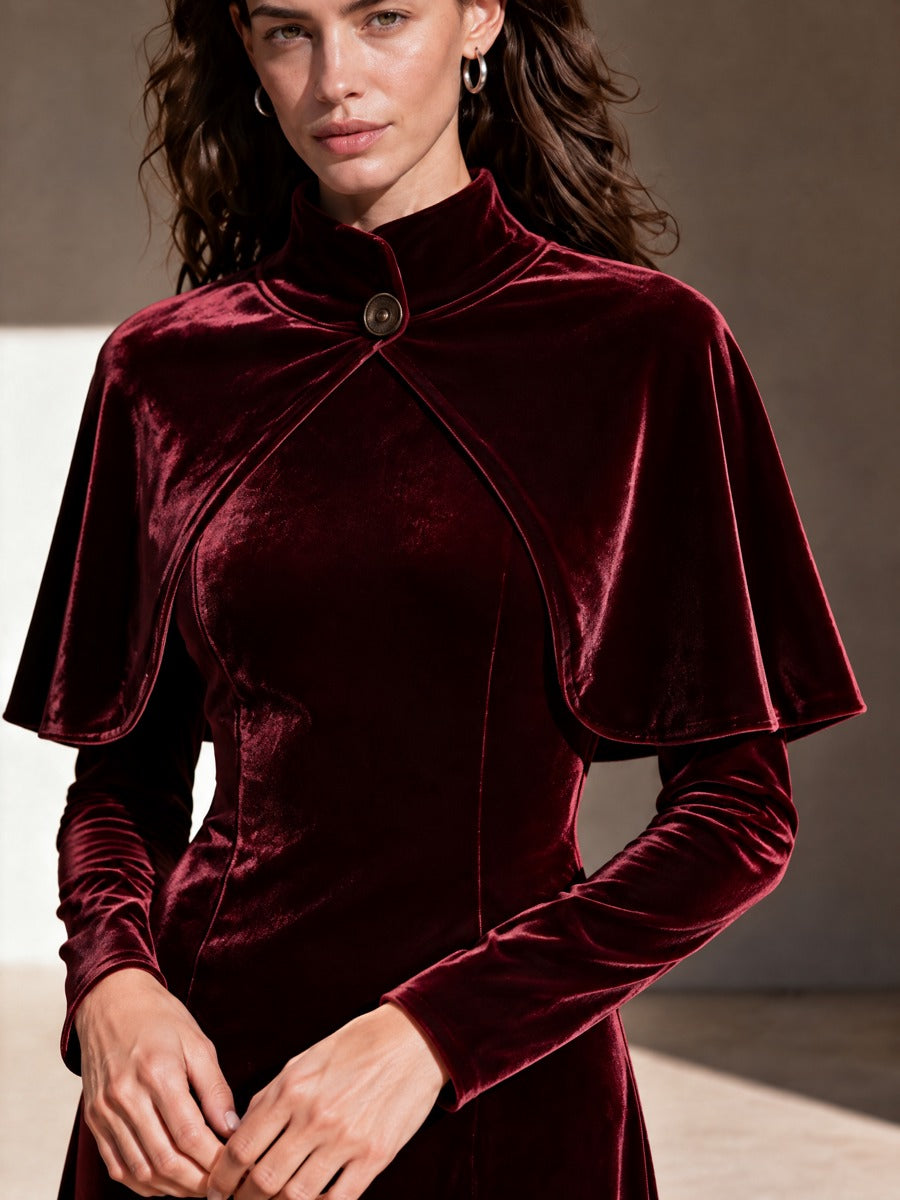 Women's Burgundy Velvet Long Sleeve Mermaid Dress With Stand Collar Capelet