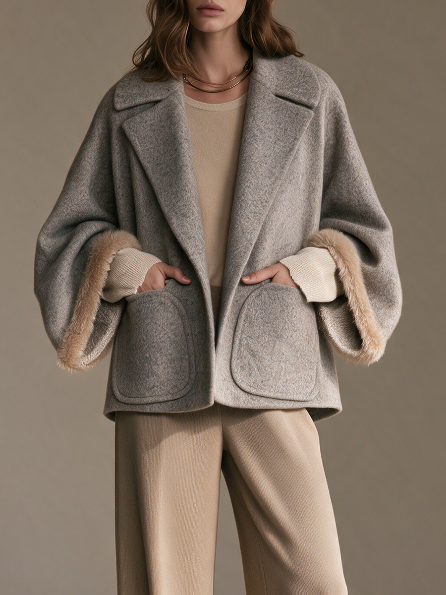 Women's Collared Drop-Shoulder Fur-Cuff Patch-Pocket Wool Cropped Coat