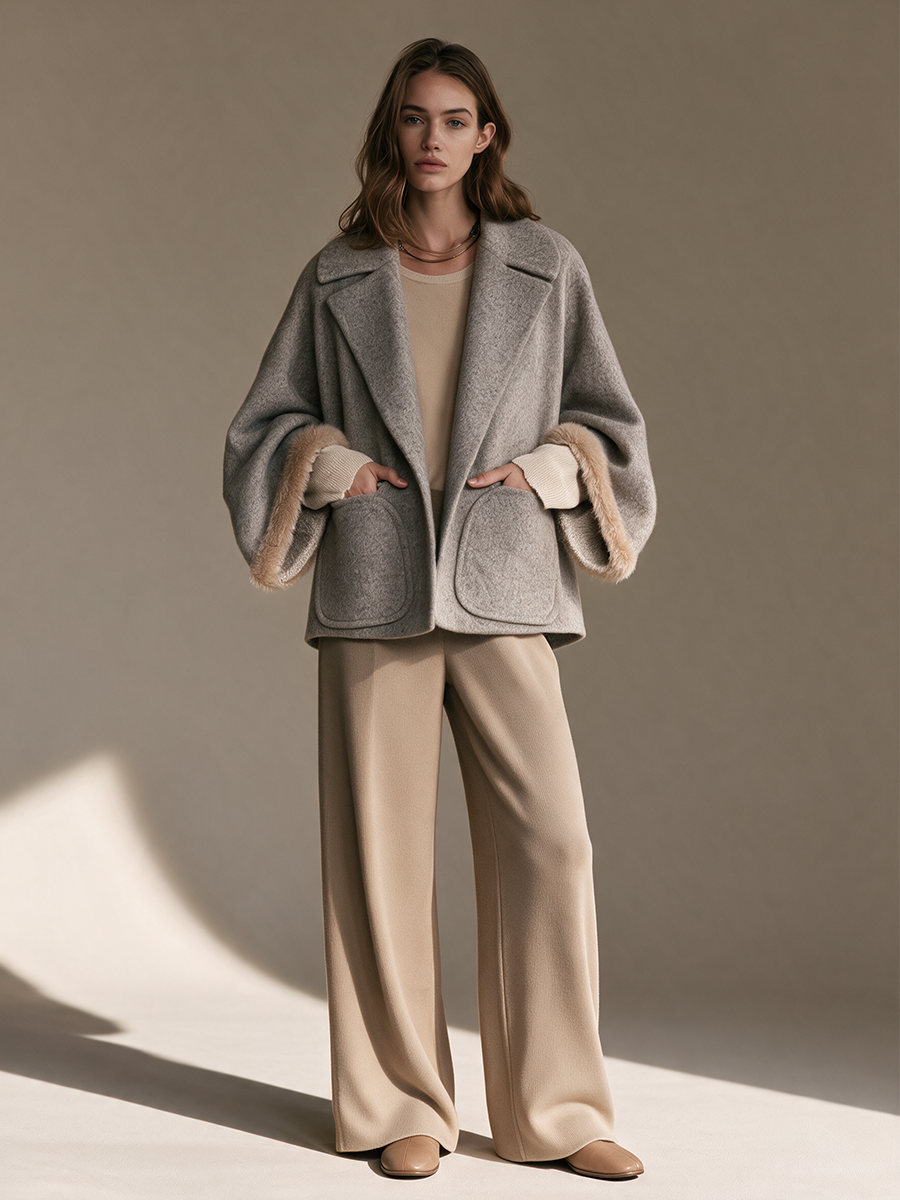 Women's Collared Drop-Shoulder Fur-Cuff Patch-Pocket Wool Cropped Coat