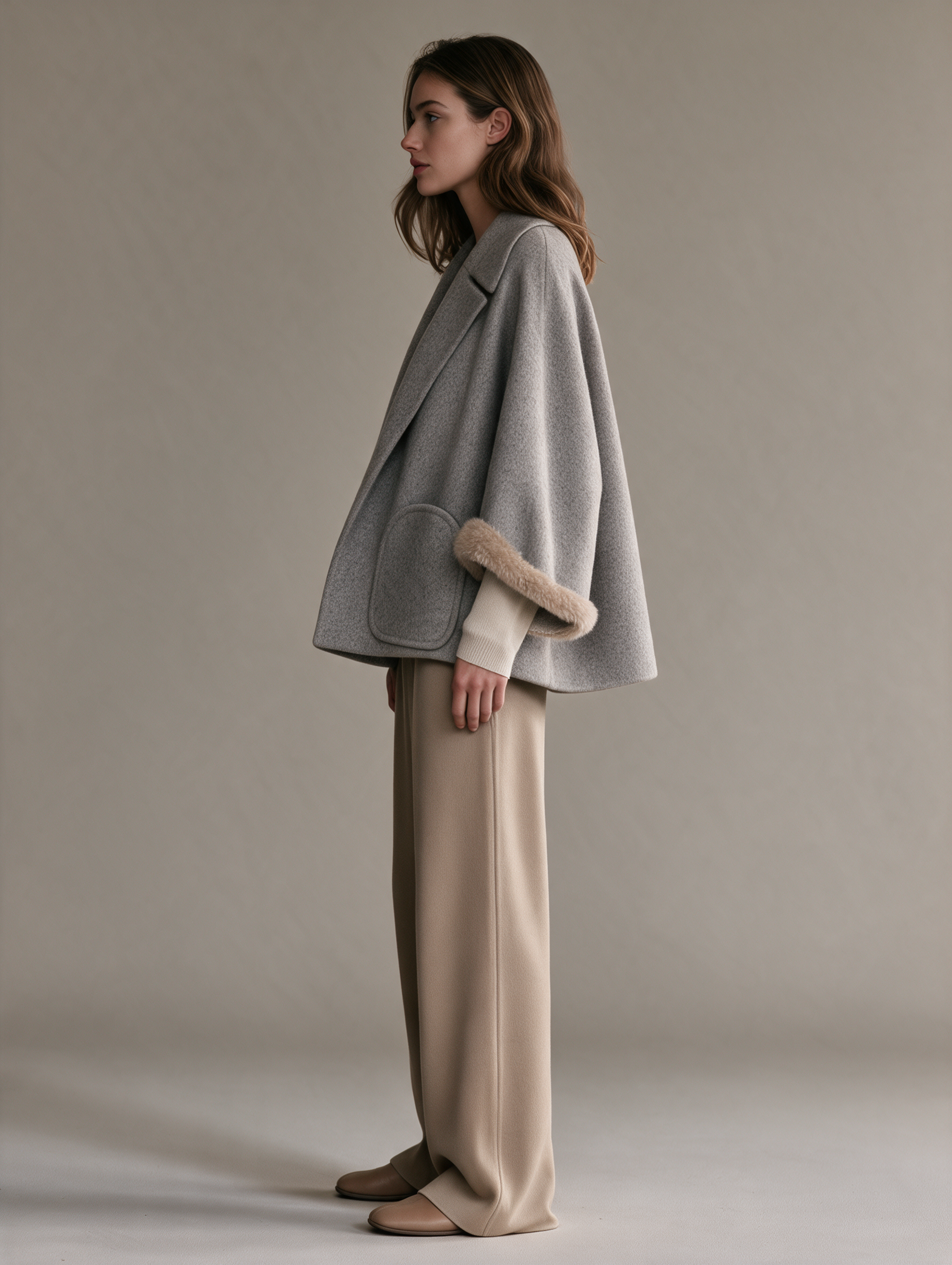 Women's Collared Drop-Shoulder Fur-Cuff Patch-Pocket Wool Cropped Coat