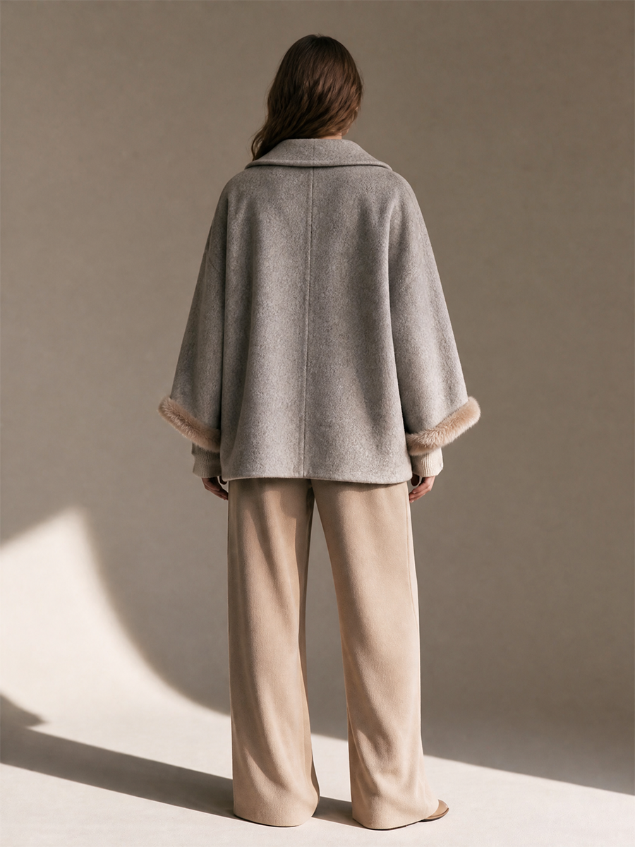 Women's Collared Drop-Shoulder Fur-Cuff Patch-Pocket Wool Cropped Coat