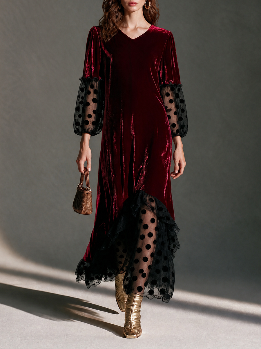Women's V-Neck Blouson-Sleeve Polka-Dot Mesh Velvet Maxi Dress