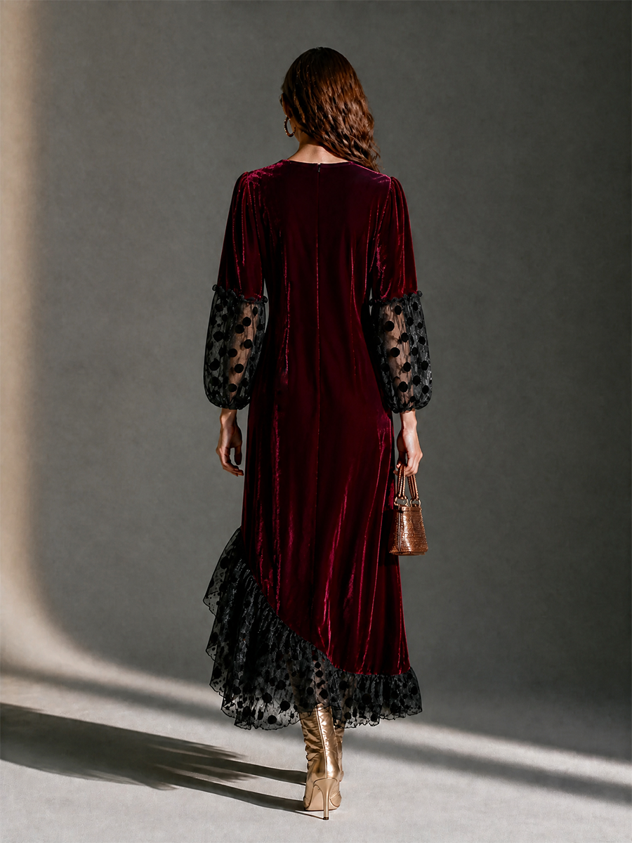 Women's V-Neck Blouson-Sleeve Polka-Dot Mesh Velvet Maxi Dress