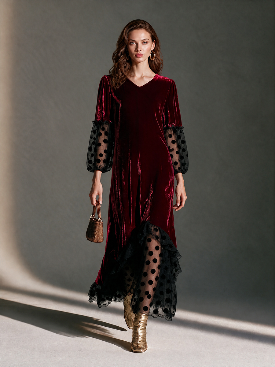 Women's V-Neck Blouson-Sleeve Polka-Dot Mesh Velvet Maxi Dress