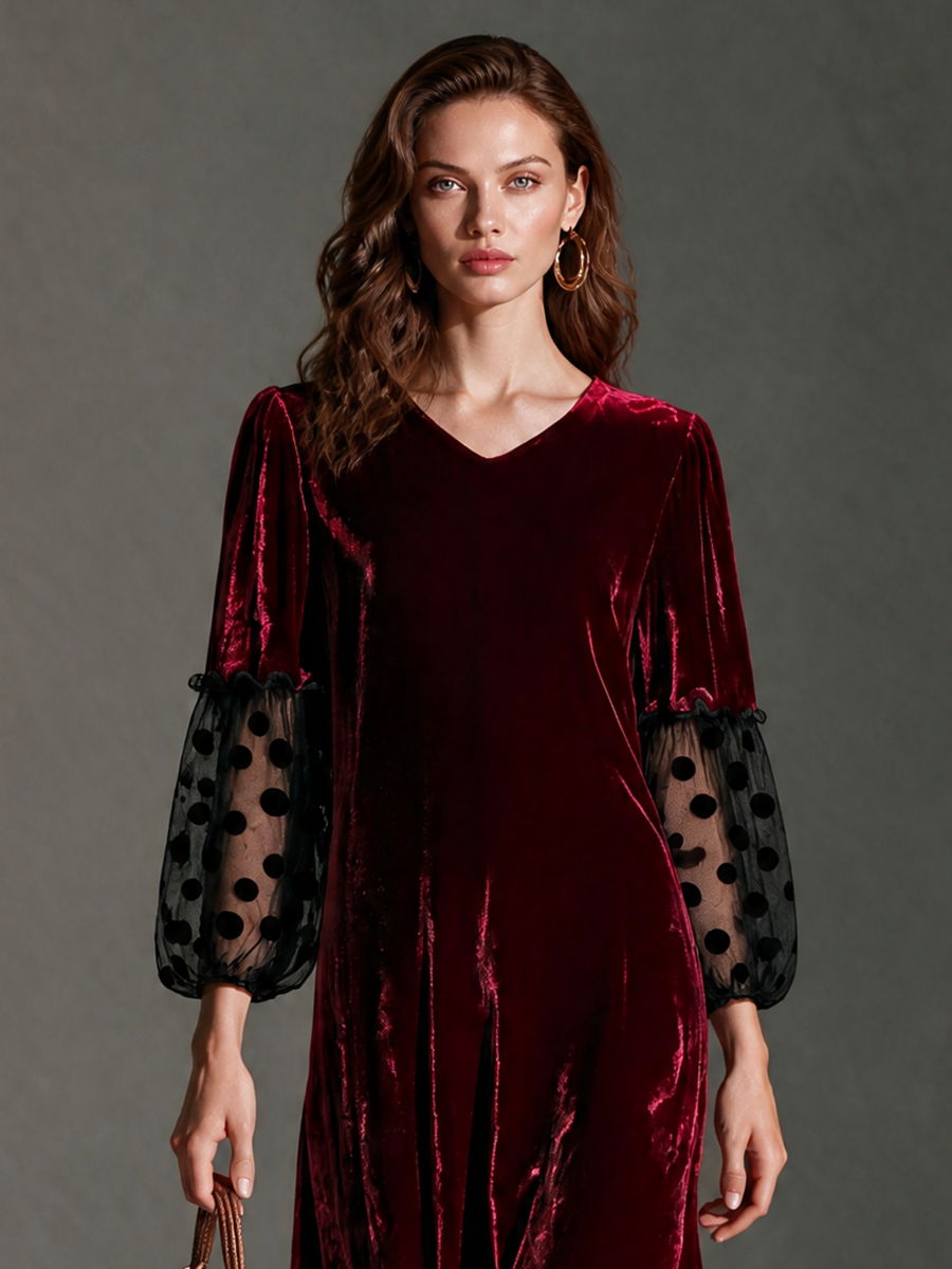 Women's V-Neck Blouson-Sleeve Polka-Dot Mesh Velvet Maxi Dress