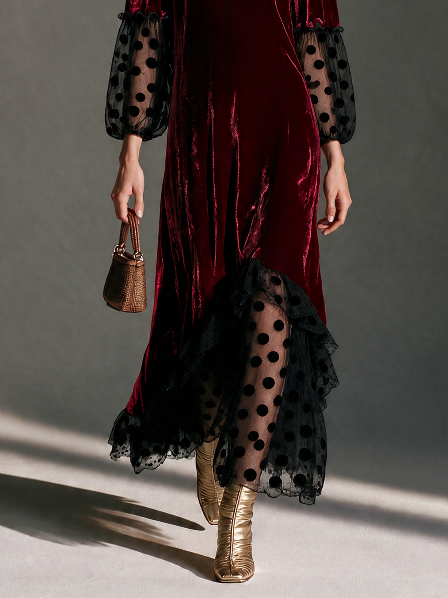 Women's V-Neck Blouson-Sleeve Polka-Dot Mesh Velvet Maxi Dress