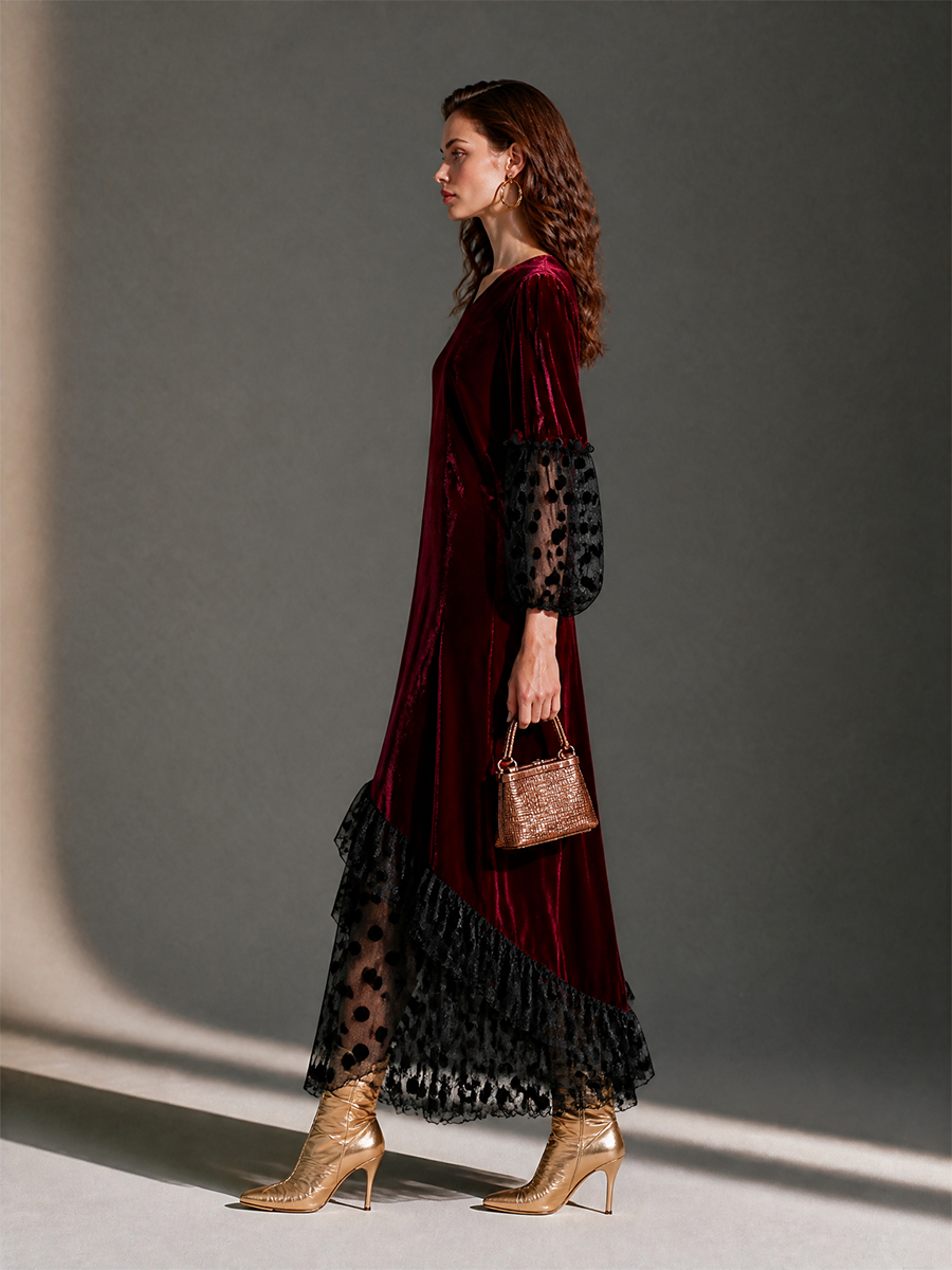 Women's V-Neck Blouson-Sleeve Polka-Dot Mesh Velvet Maxi Dress