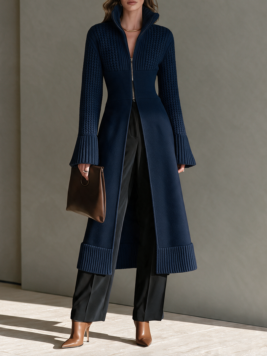Women's Stand-Collar Zip Cinched-Waist Bell-Sleeve Cable Wool-Knit Longline Cardigan