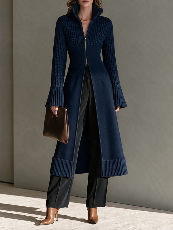 Women's Stand-Collar Zip Cinched-Waist Bell-Sleeve Cable Wool-Knit Longline Cardigan