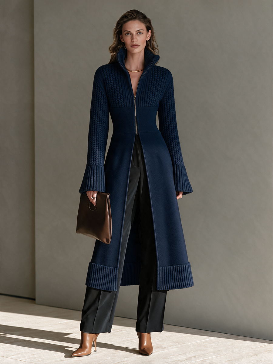 Women's Stand-Collar Zip Cinched-Waist Bell-Sleeve Cable Wool-Knit Longline Cardigan