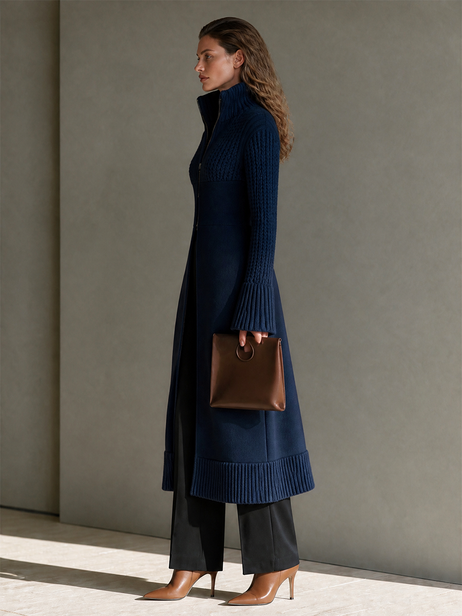 Women's Stand-Collar Zip Cinched-Waist Bell-Sleeve Cable Wool-Knit Longline Cardigan