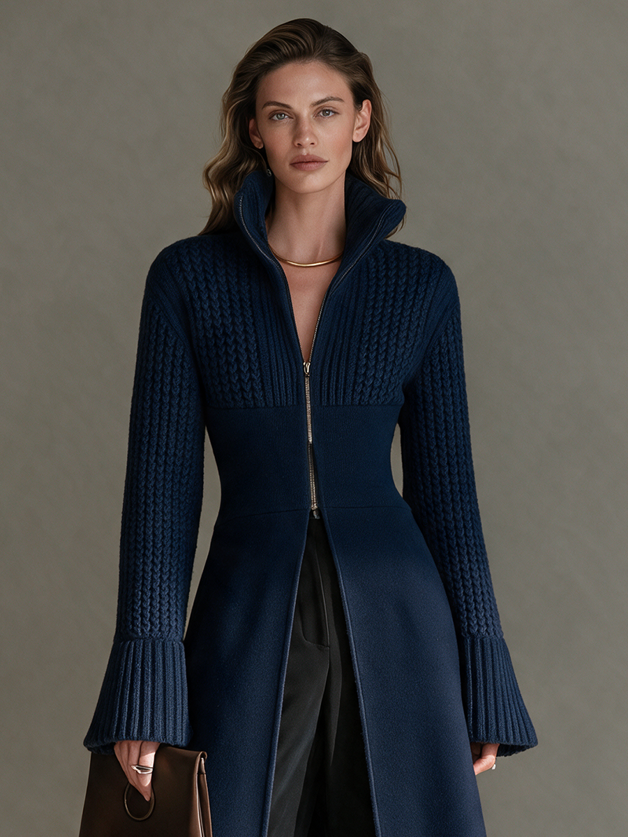 Women's Stand-Collar Zip Cinched-Waist Bell-Sleeve Cable Wool-Knit Longline Cardigan