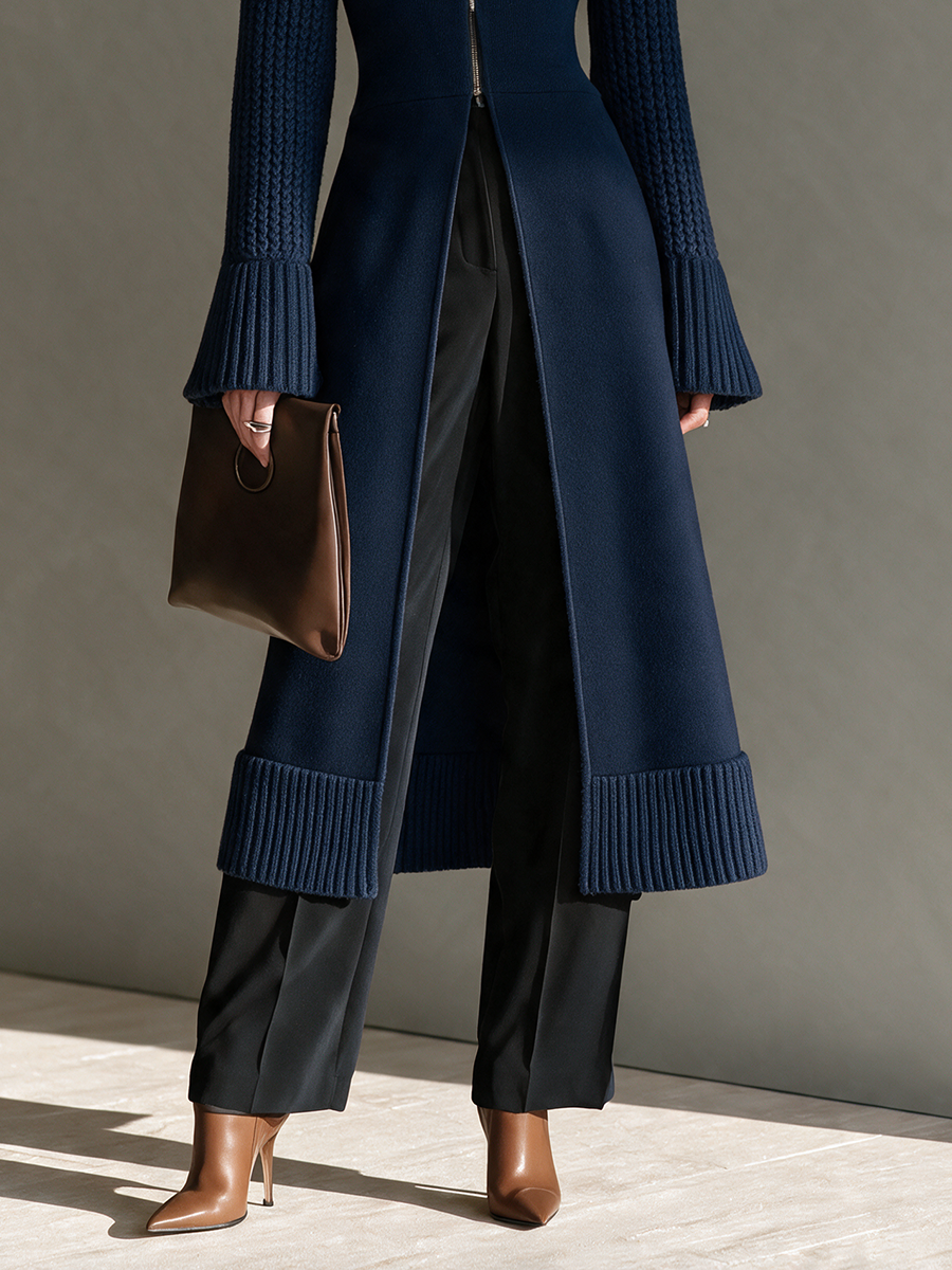 Women's Stand-Collar Zip Cinched-Waist Bell-Sleeve Cable Wool-Knit Longline Cardigan