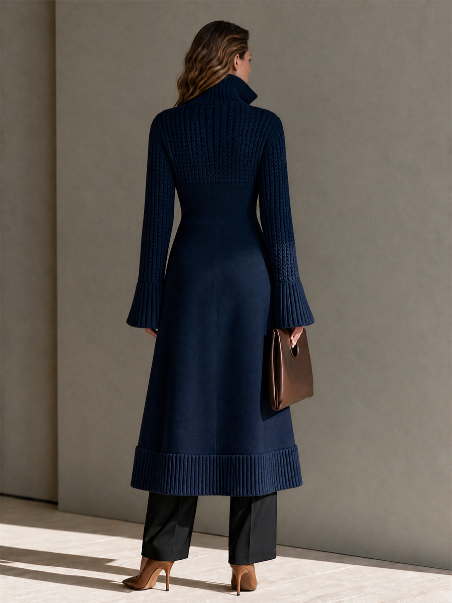 Women's Stand-Collar Zip Cinched-Waist Bell-Sleeve Cable Wool-Knit Longline Cardigan