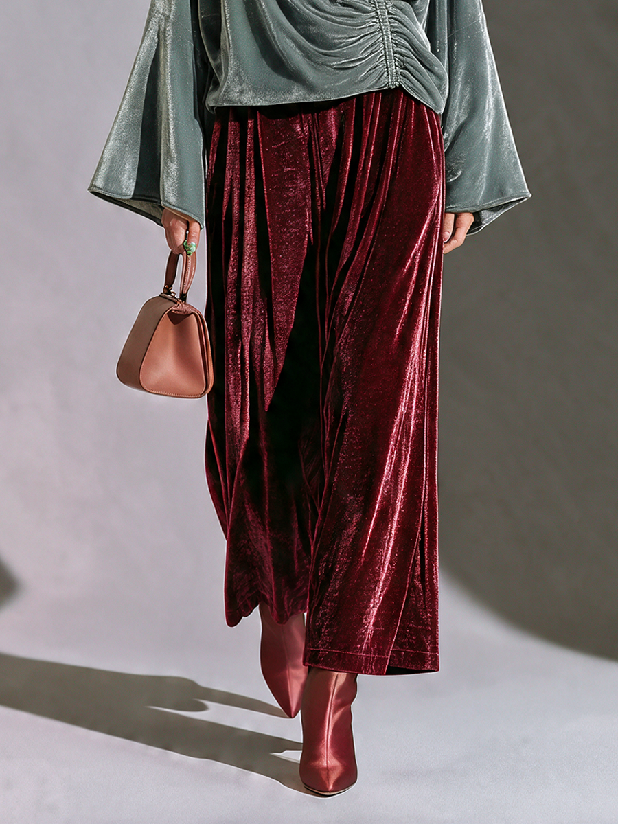 Women's High-Waisted Draped Velvet Wide-Leg Trousers