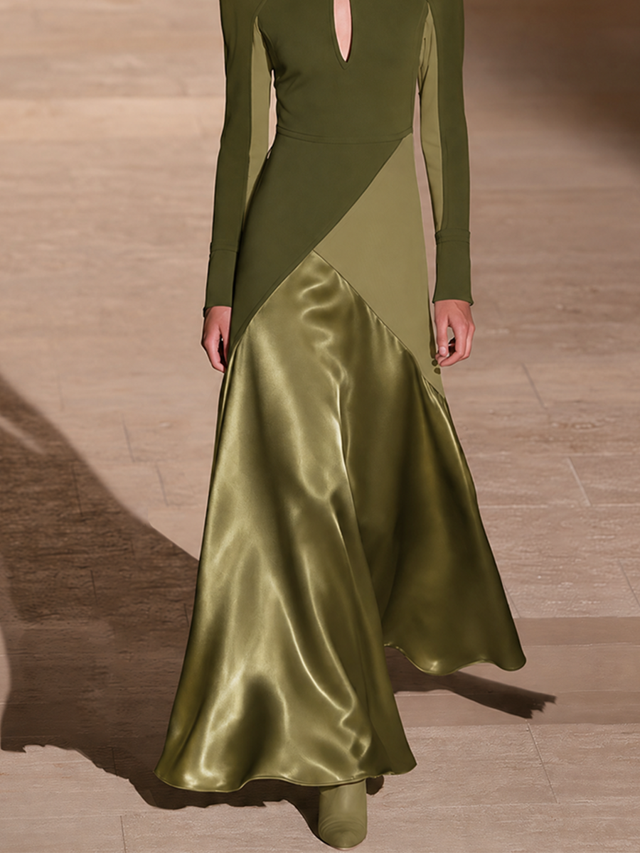 Women's Olive Green Keyhole Neck Long Sleeve Satin Panel Maxi Dress