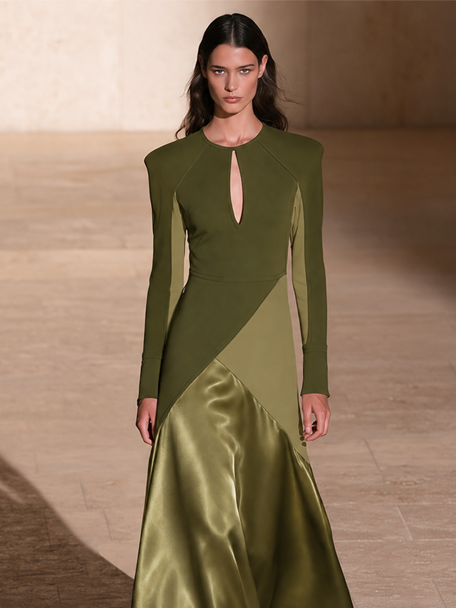 Women's Olive Green Keyhole Neck Long Sleeve Satin Panel Maxi Dress