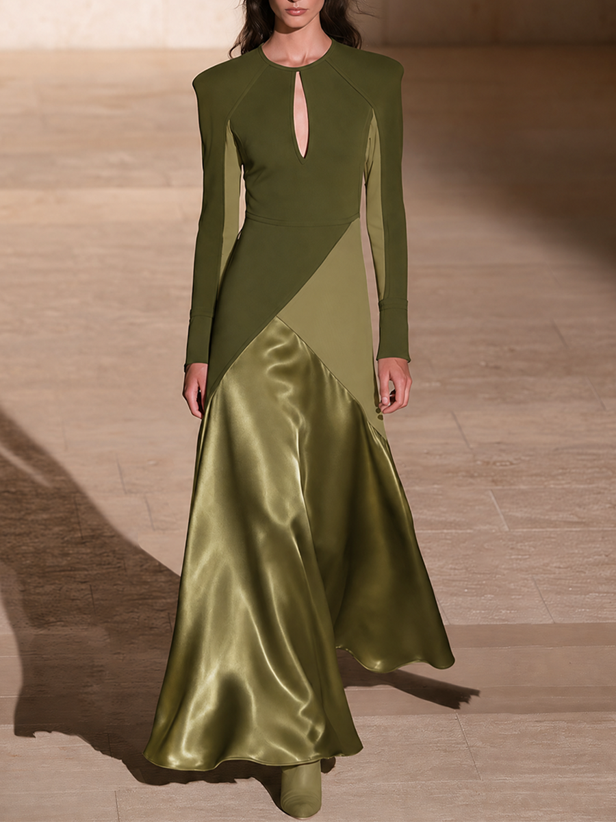 Women's Olive Green Keyhole Neck Long Sleeve Satin Panel Maxi Dress