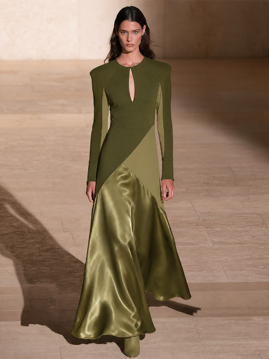 Women's Olive Green Keyhole Neck Long Sleeve Satin Panel Maxi Dress