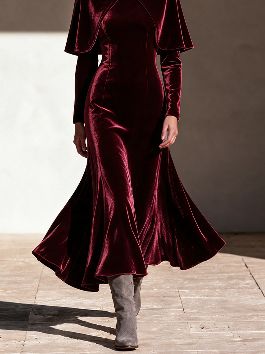 Women's Burgundy Velvet Long Sleeve Mermaid Dress With Stand Collar Capelet