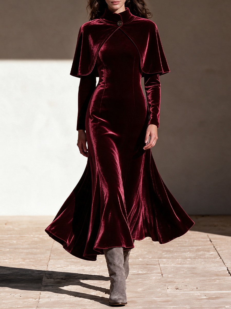Women's Burgundy Velvet Long Sleeve Mermaid Dress With Stand Collar Capelet