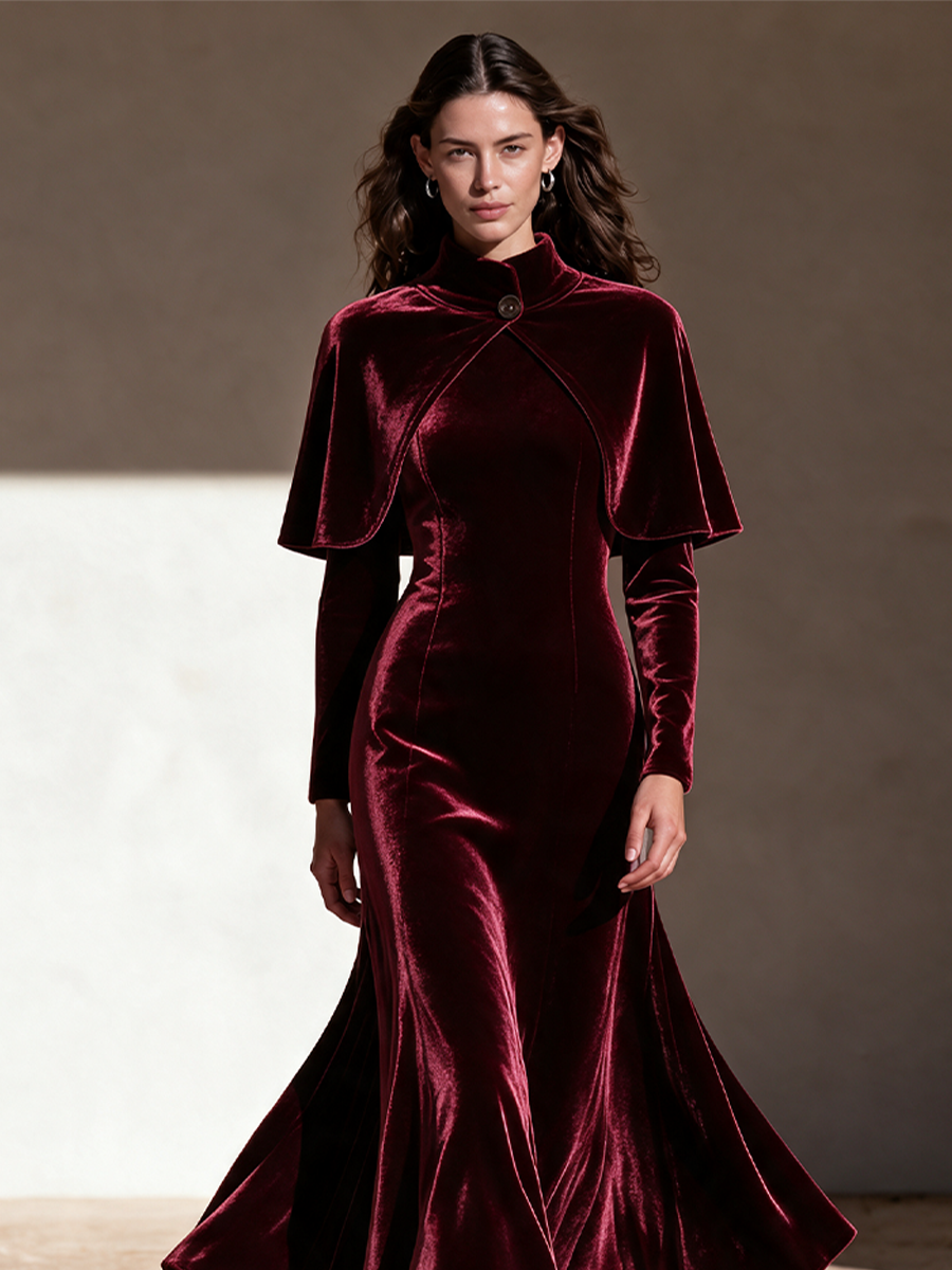Women's Burgundy Velvet Long Sleeve Mermaid Dress With Stand Collar Capelet
