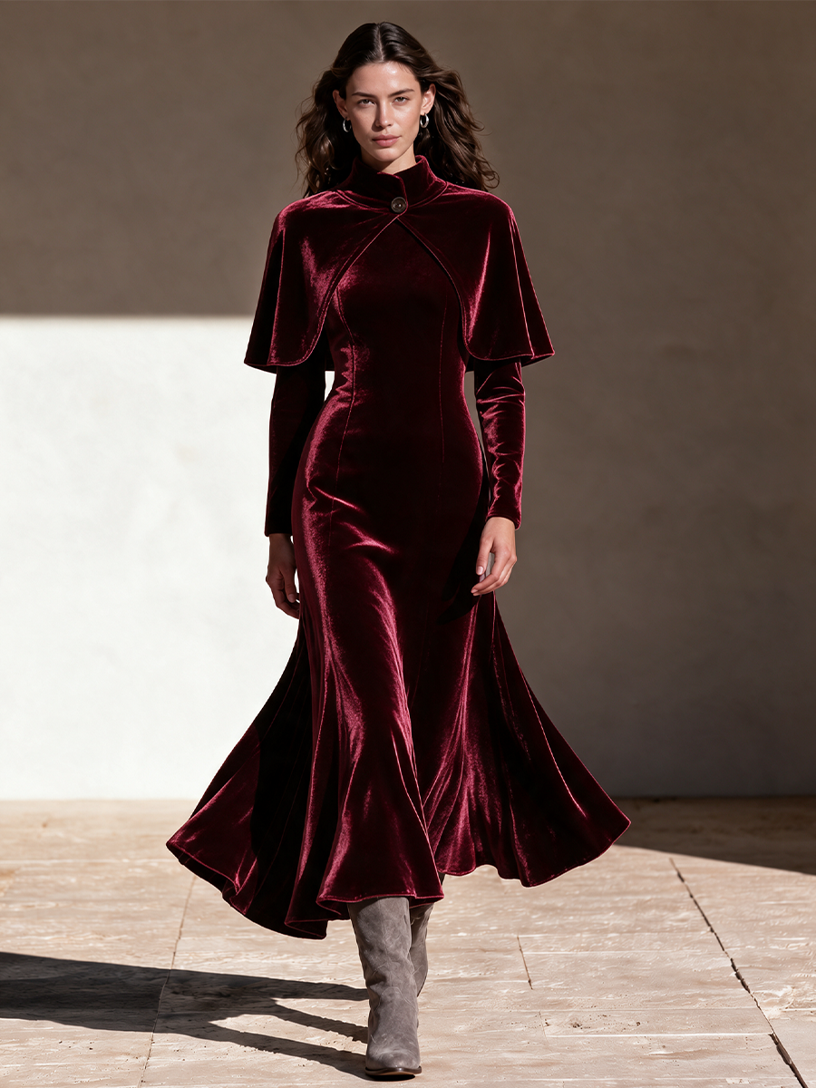 Women's Burgundy Velvet Long Sleeve Mermaid Dress With Stand Collar Capelet