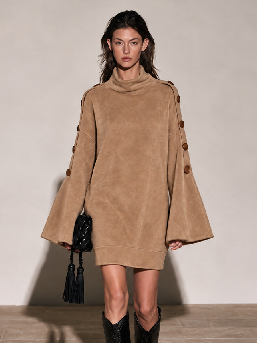 Women's Camel Faux Suede Turtleneck Mini Dress