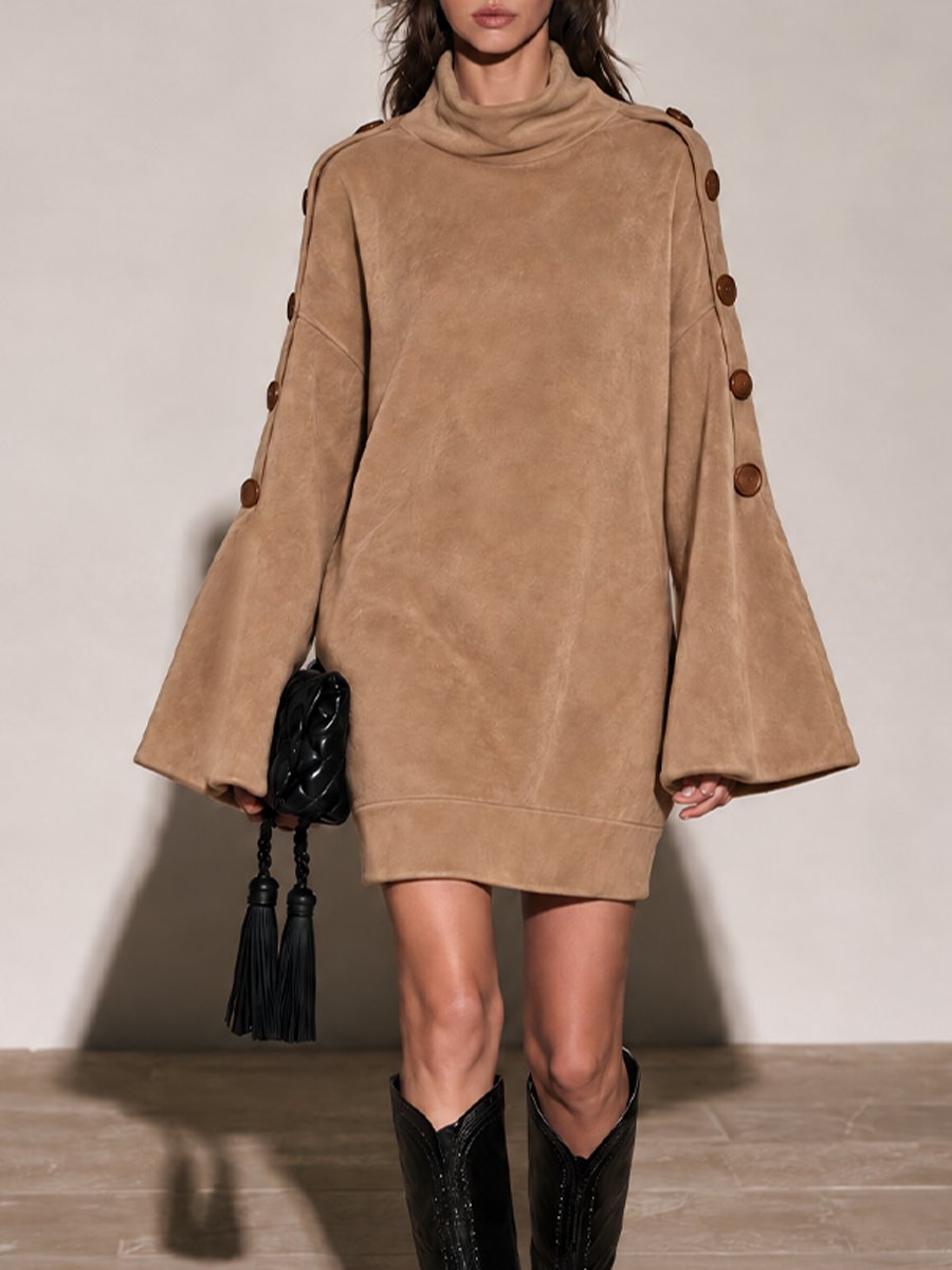 Women's Camel Faux Suede Turtleneck Mini Dress