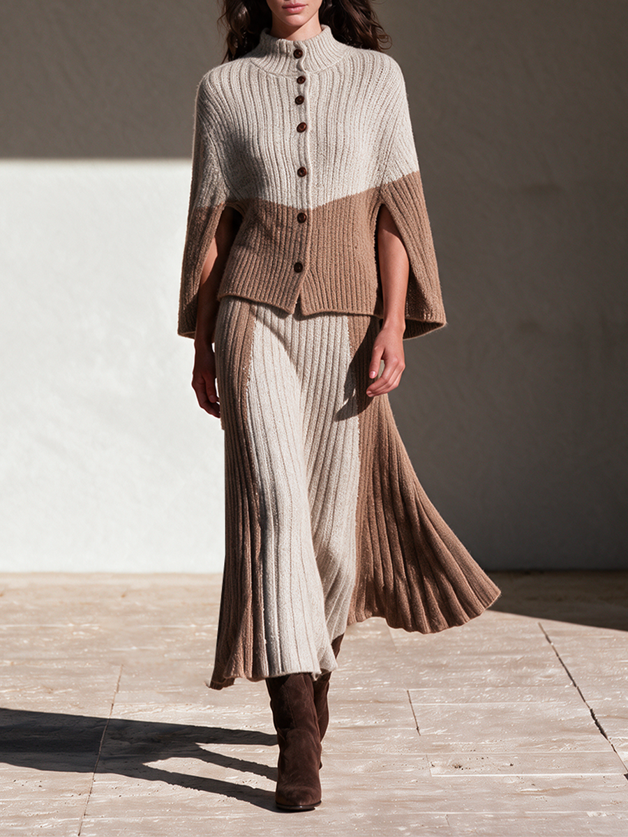 Women's Cream & Camel Colorblock Rib Knit Two-Piece Set