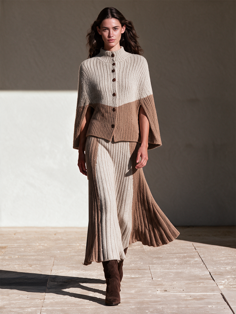 Women's Cream & Camel Colorblock Rib Knit Two-Piece Set