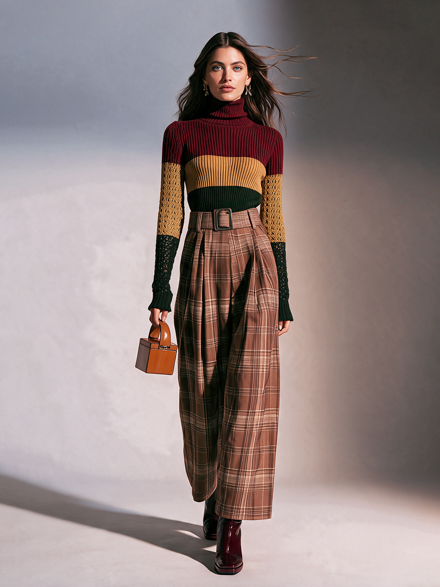 Women's Turtleneck Colorblock-Stripe Crochet-Sleeve Slim Wool-Knit Sweater