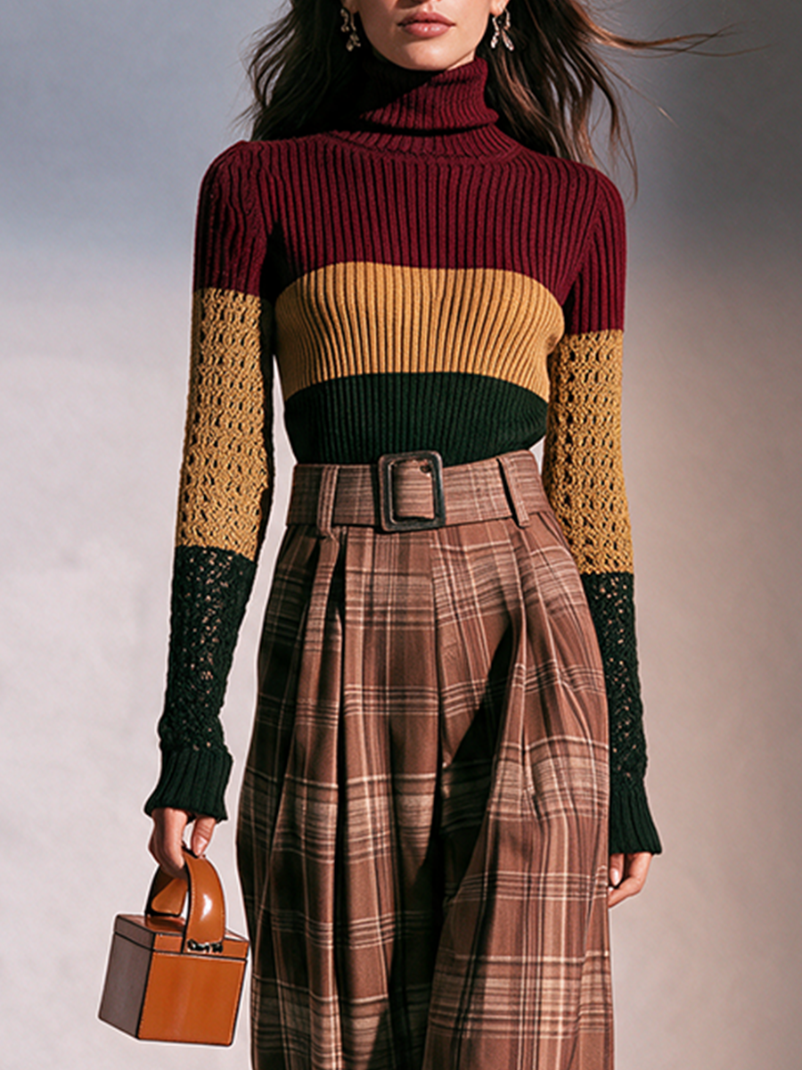 Women's Turtleneck Colorblock-Stripe Crochet-Sleeve Slim Wool-Knit Sweater