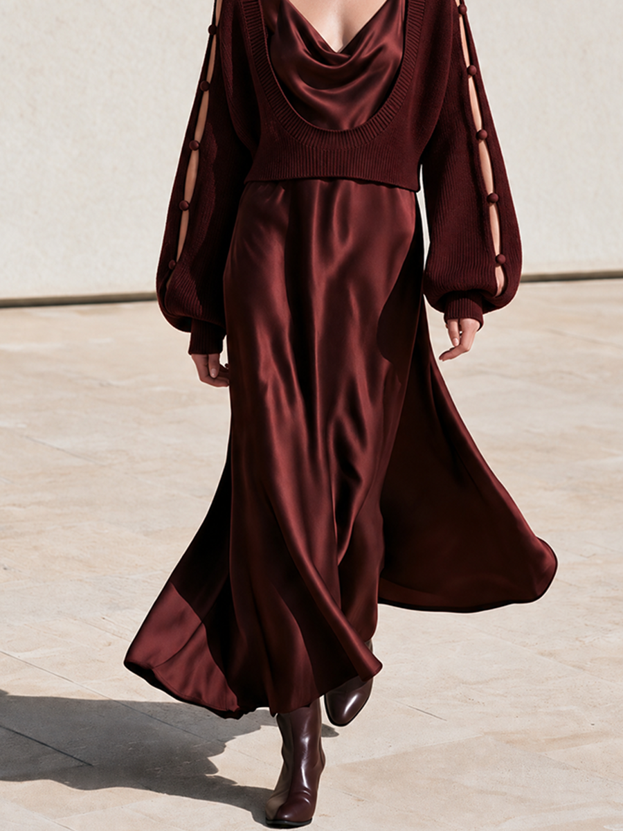 Women's Cropped Scoop Neck Knit Sweater And Cowl Neck Satin Slip Maxi Dress