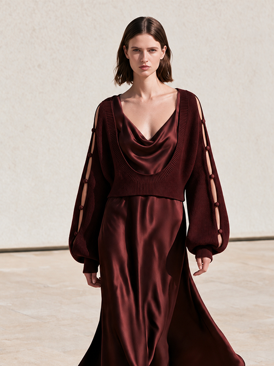 Women's Cropped Scoop Neck Knit Sweater And Cowl Neck Satin Slip Maxi Dress