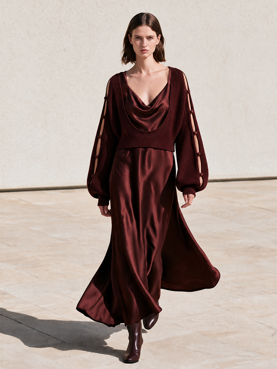Women's Cropped Scoop Neck Knit Sweater And Cowl Neck Satin Slip Maxi Dress