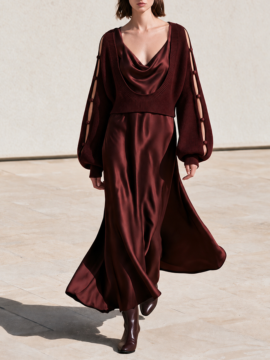 Women's Cropped Scoop Neck Knit Sweater And Cowl Neck Satin Slip Maxi Dress