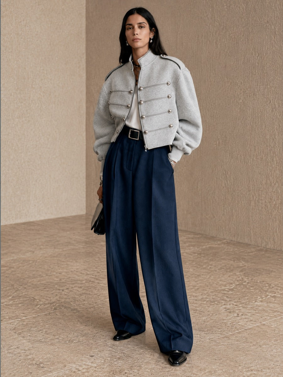 Women's Button Detail Stand Collar Balloon Sleeve Cropped Jacket