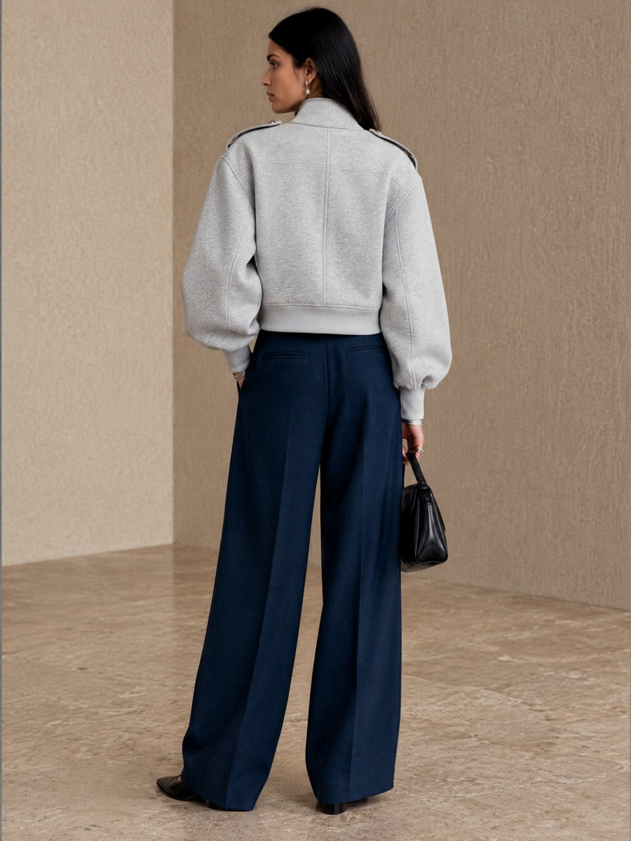 Women's Button Detail Stand Collar Balloon Sleeve Cropped Jacket