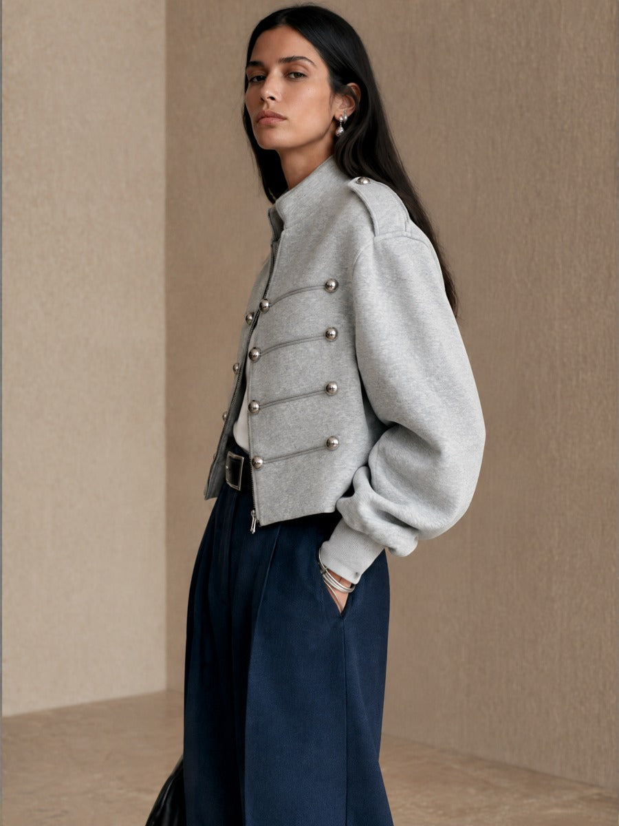 Women's Button Detail Stand Collar Balloon Sleeve Cropped Jacket