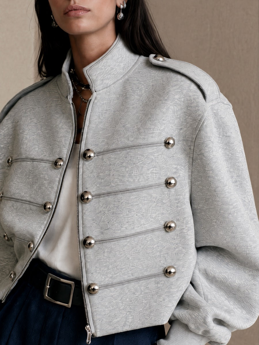 Women's Button Detail Stand Collar Balloon Sleeve Cropped Jacket