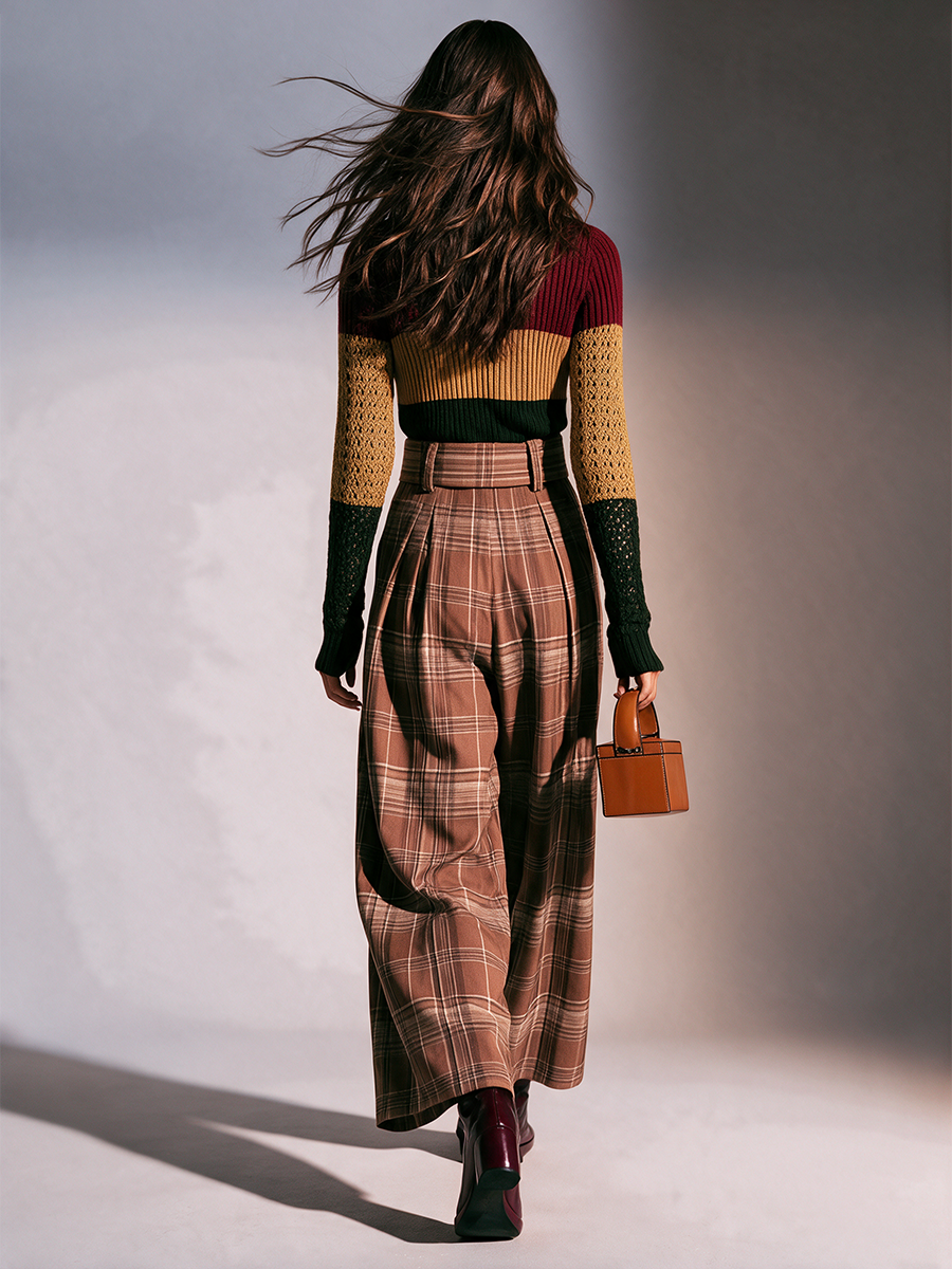 Women's Brown Plaid High-Waisted Belted Pleated Wide-Leg Trousers