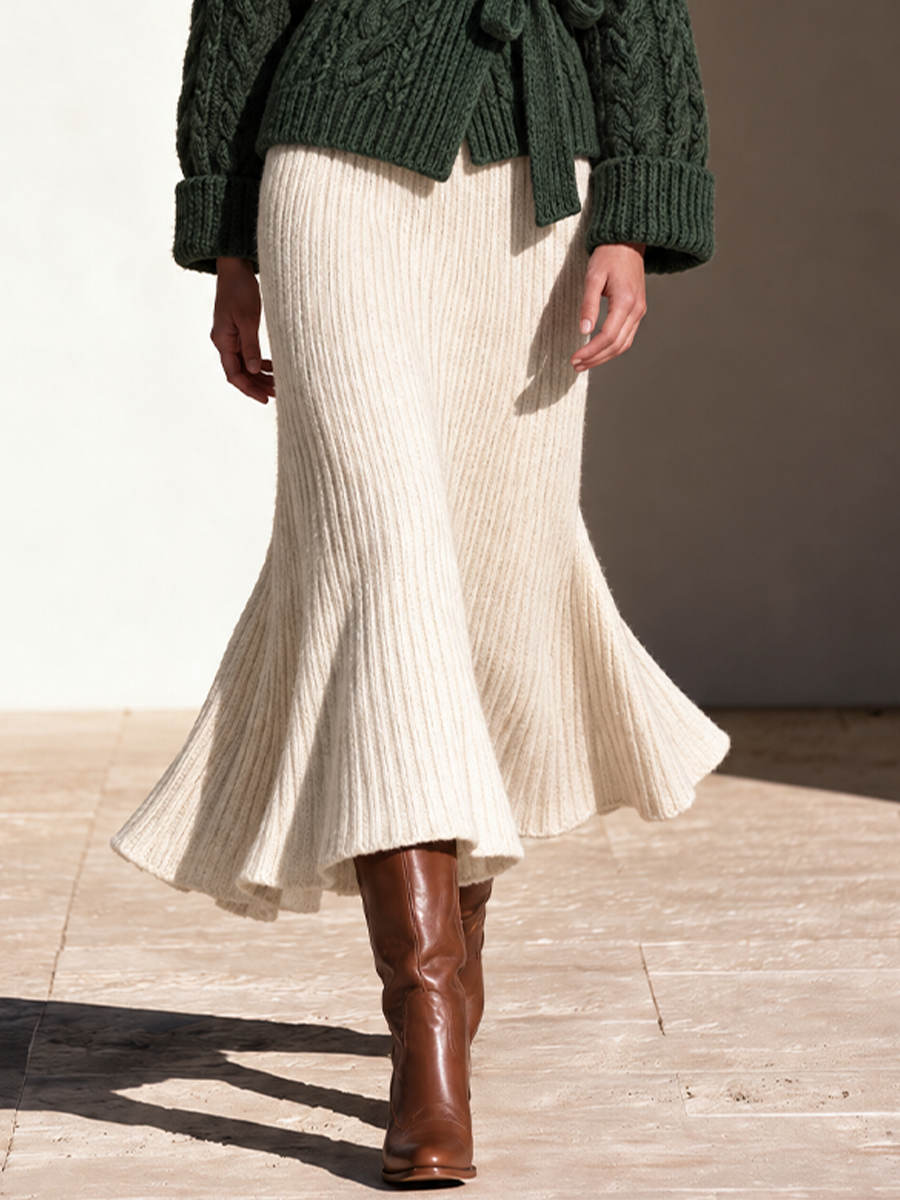 Women's High Waist Knit Midi Flare Skirt Cream Office Wear