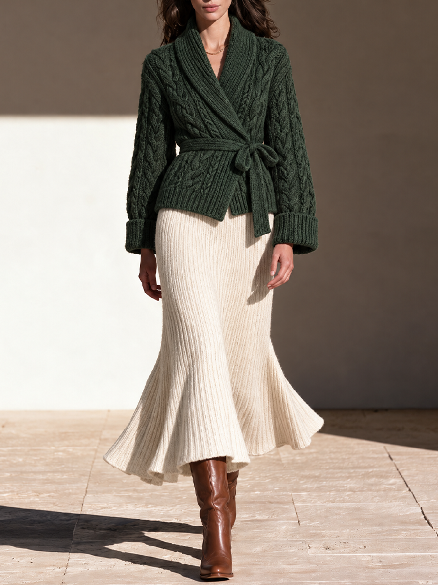 Women's High Waist Knit Midi Flare Skirt Cream Office Wear