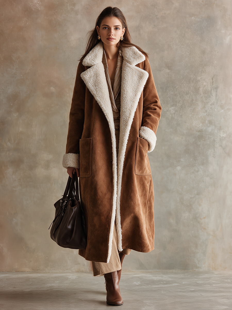 Women's Vintage-Style Faux Suede & Faux Shearling Long Coat