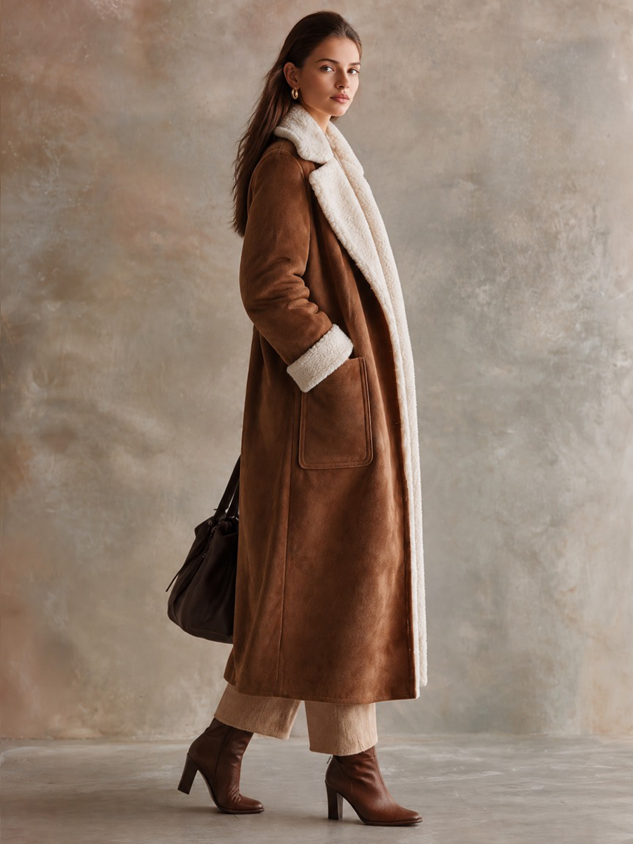 Women's Vintage-Style Faux Suede & Faux Shearling Long Coat