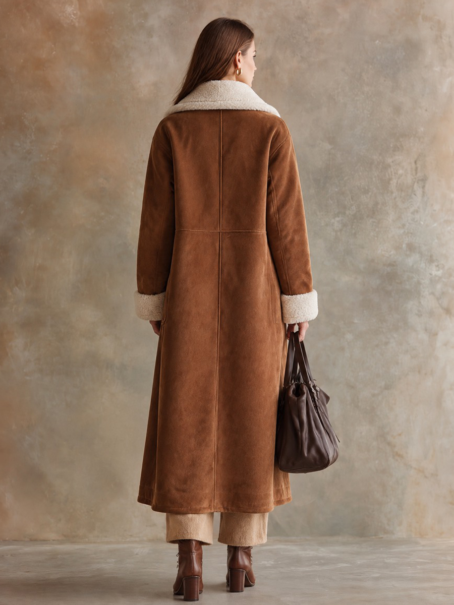 Women's Vintage-Style Faux Suede & Faux Shearling Long Coat